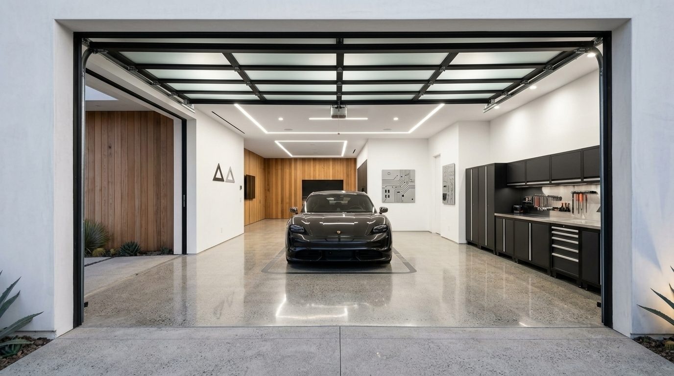 Alessandro Garage Door Service Interior View of Custom Garage Door Overhead and Workshop